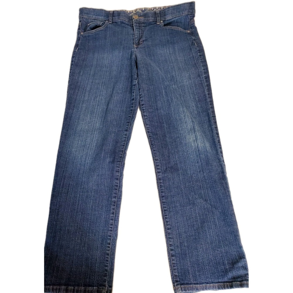 Bandolino Sz 14* jeans 37W28L,‎ blue, embroid pockets, straight leg, distressed